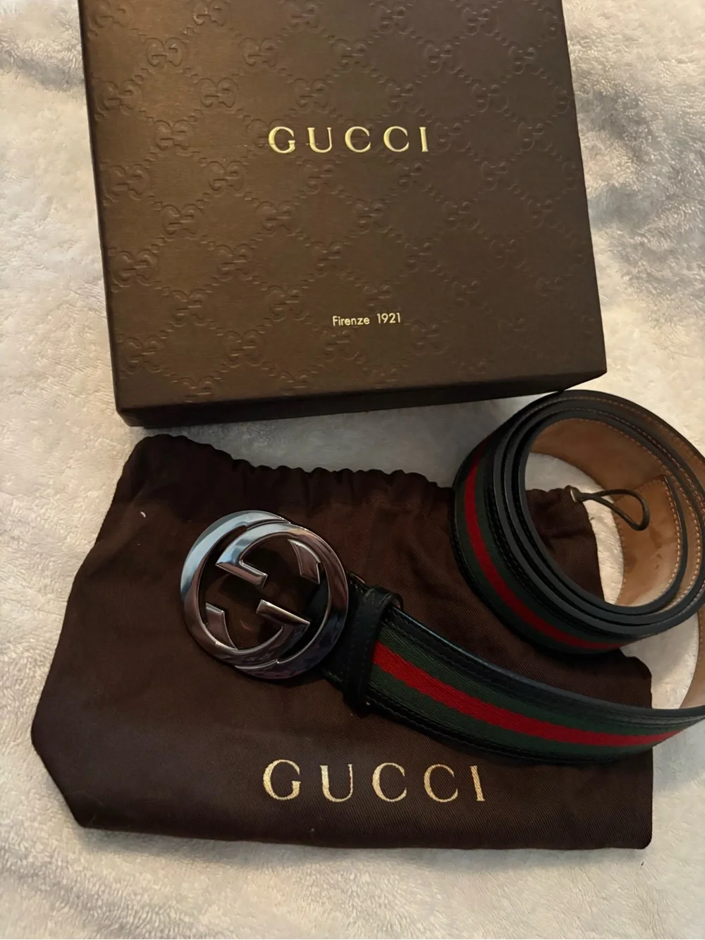 Gucci Black Leather Belt with Green and Red Web Stripe and Silver GG Buckle